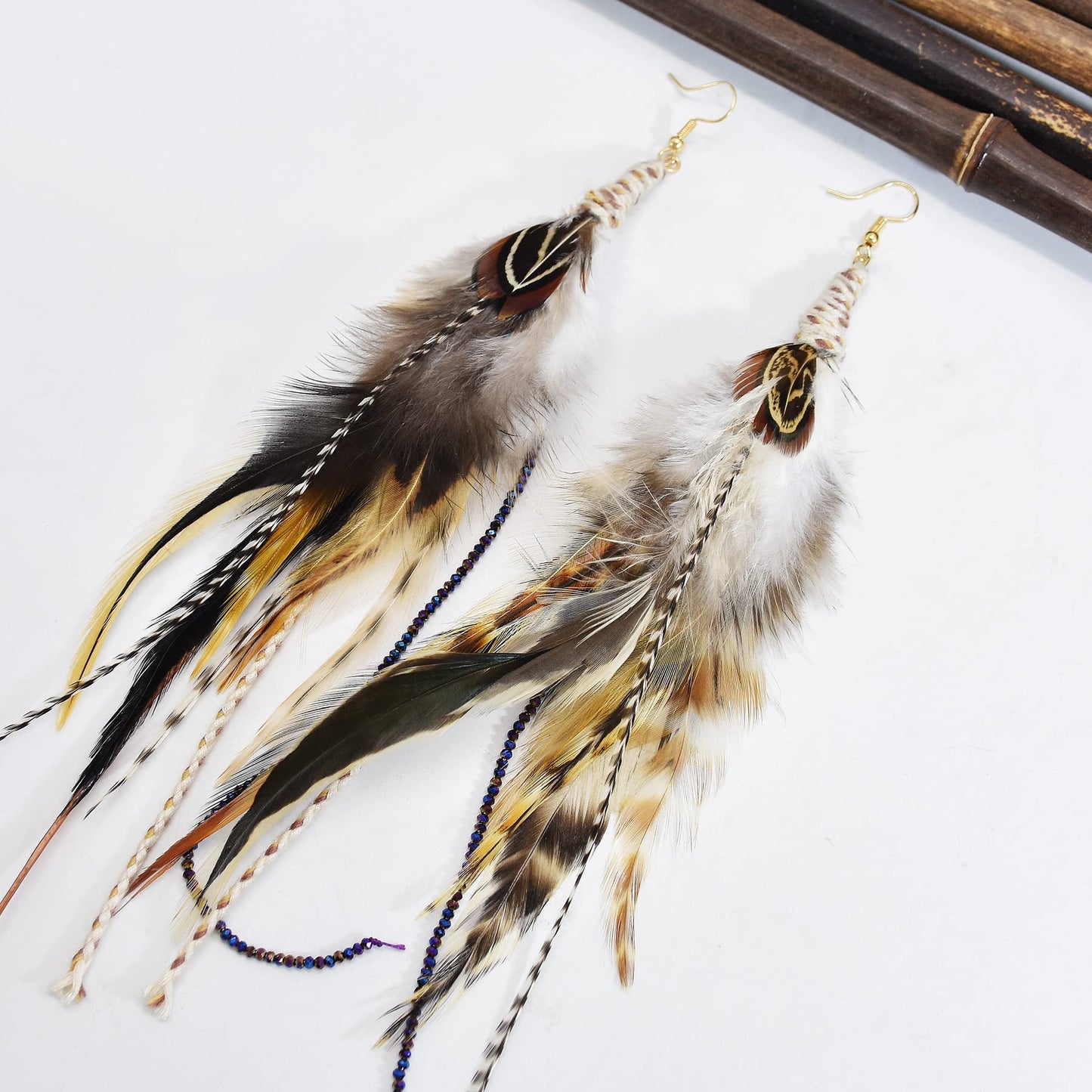 Punk Vintage Long Tassel Feather Beads Drop Wolf Tooth Pendant Earring Fish Hook Earrings Brown A