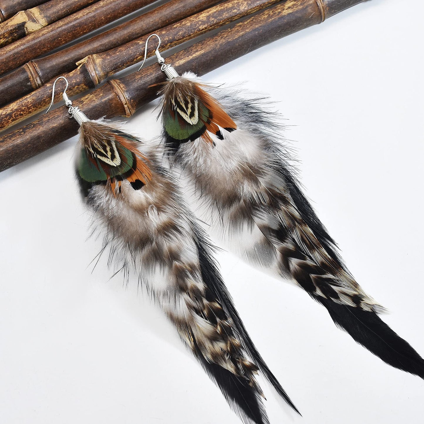 Punk Vintage Long Tassel Feather Beads Drop Wolf Tooth Pendant Earring Fish Hook Earrings Brown A