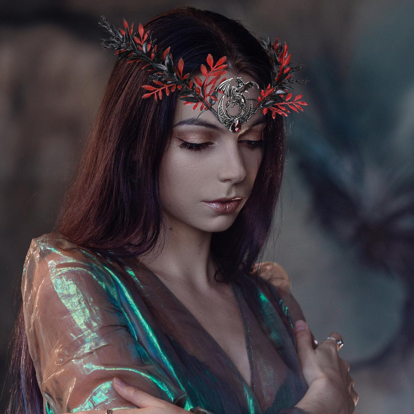 Bronze Elf Fairy Flower Crown - Handmade Moon Dragon Elven Headpiece with Crystal Viking Celtic Headband Woodland Wreath Tiara for Women Men Renaissance Cosplay Photo Shoot Accessories Bronze Woodland Fairy Crown