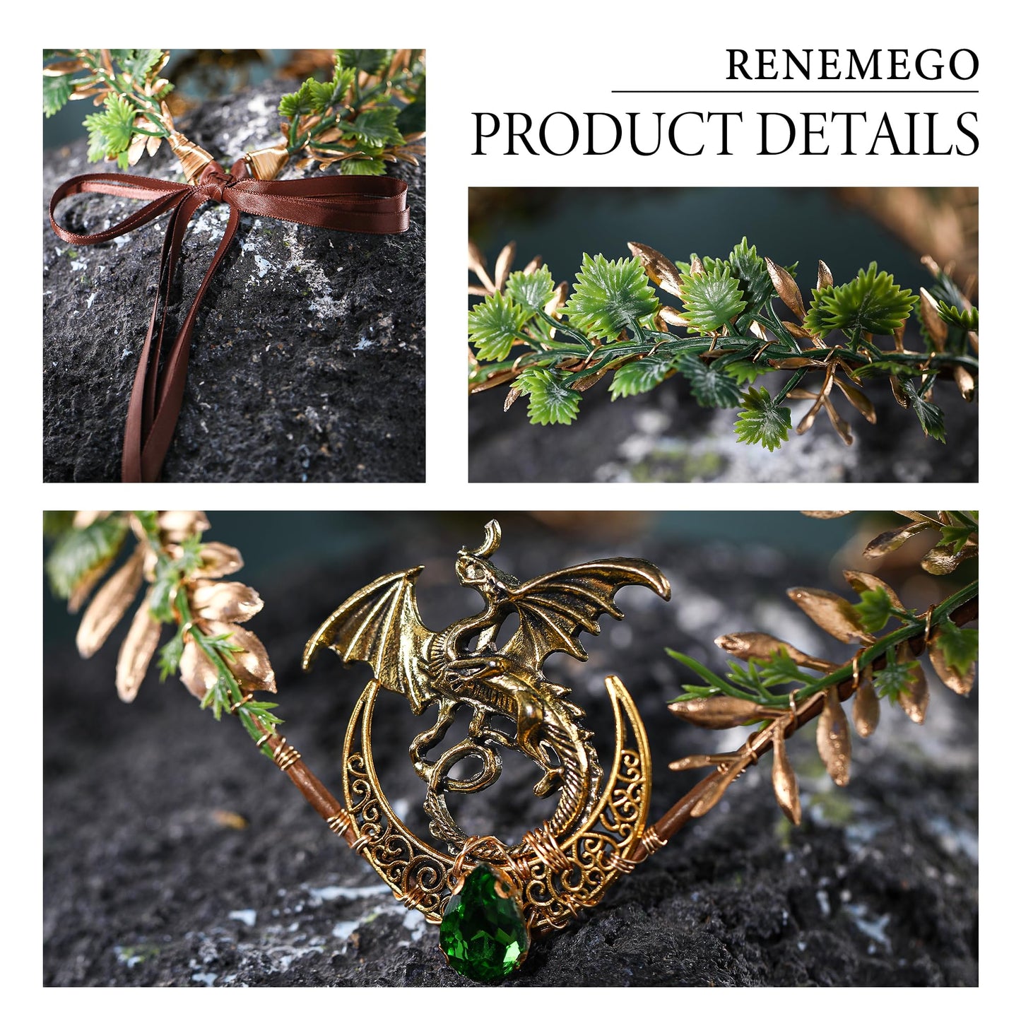 Bronze Elf Fairy Flower Crown - Handmade Moon Dragon Elven Headpiece with Crystal Viking Celtic Headband Woodland Wreath Tiara for Women Men Renaissance Cosplay Photo Shoot Accessories Bronze Woodland Fairy Crown