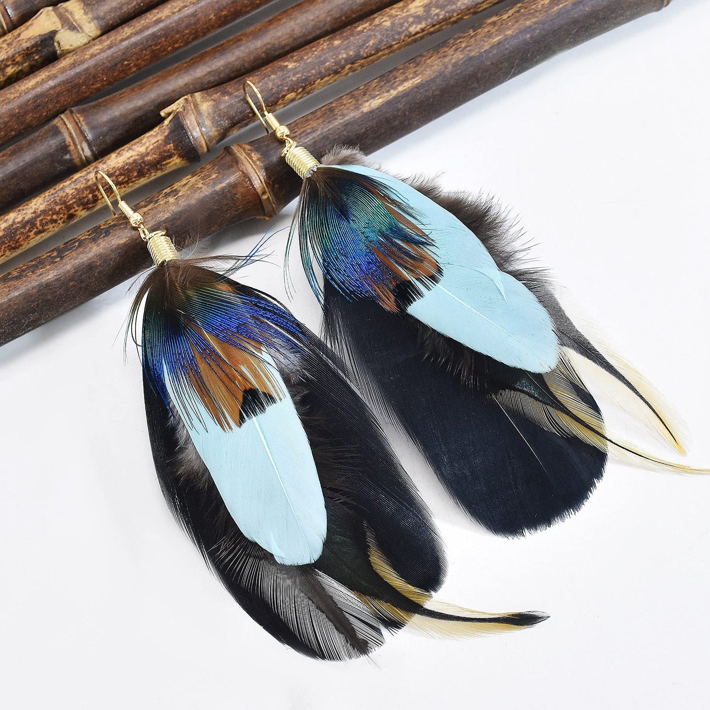 Punk Vintage Long Tassel Feather Beads Drop Wolf Tooth Pendant Earring Fish Hook Earrings Brown A