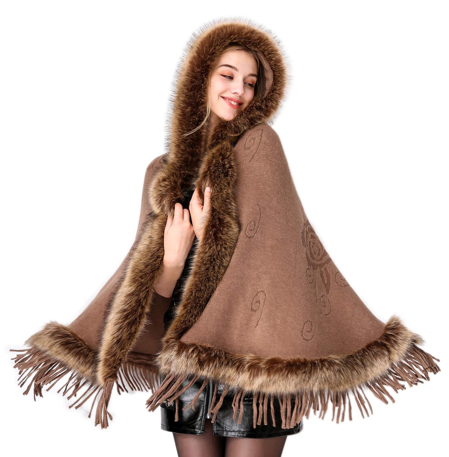 Faux Fur Shawl Wrap Stole Capelet Bridal Winter Wedding with Hook Hooded-black