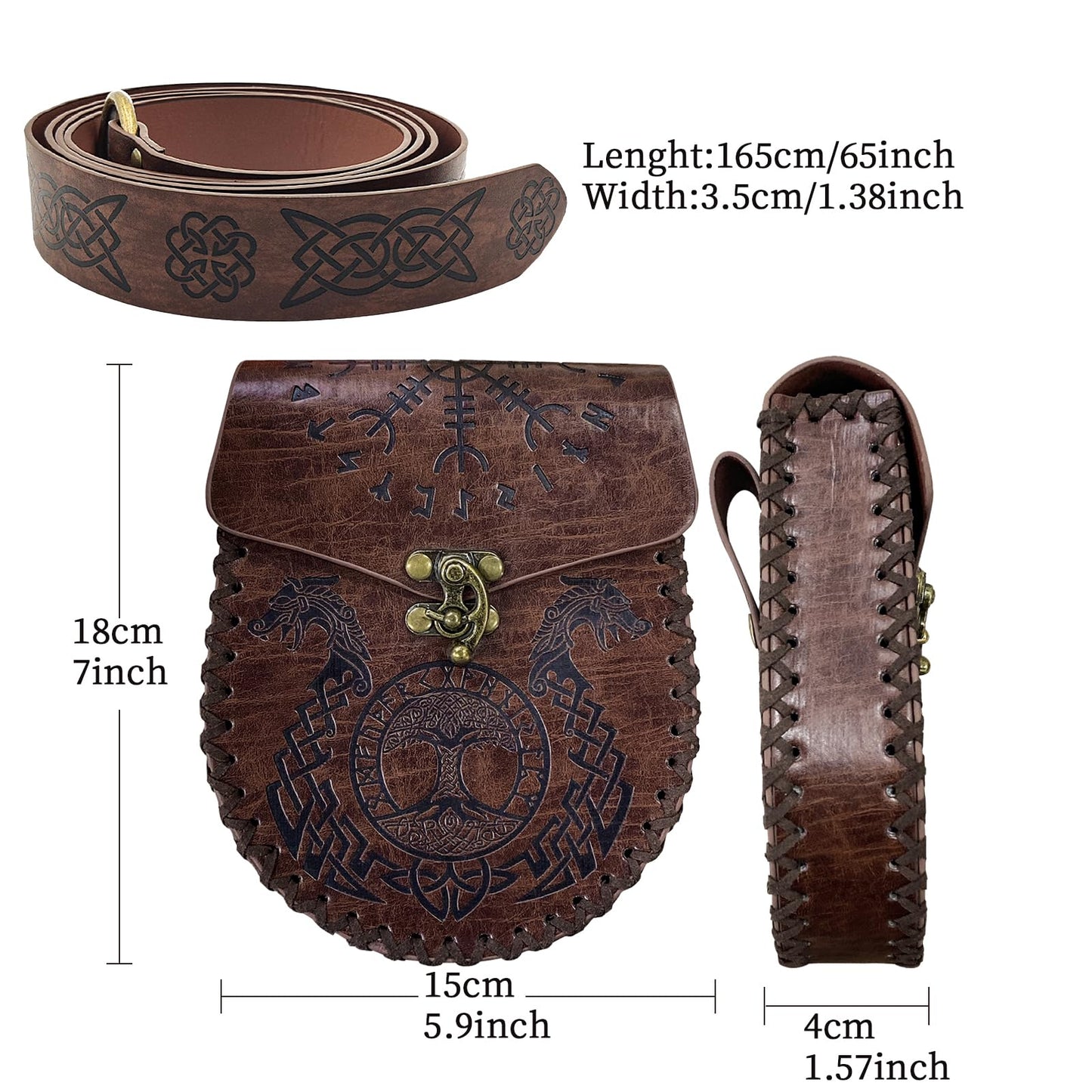 Medieval Viking Embossed O Ring Belt with Nordic Embossed Belt Bag