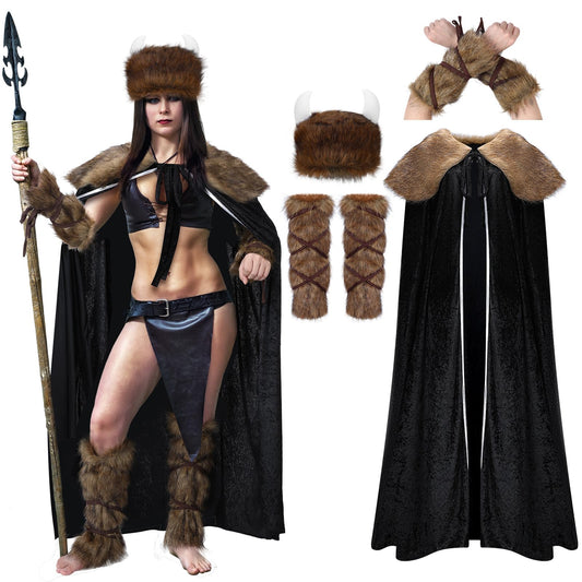 Jeyiour Women Viking Costumes Halloween Viking Warrior Costume Viking Costume with Faux Fur Collar Cape Hat Set for Women Halloween Cosplay Outfits