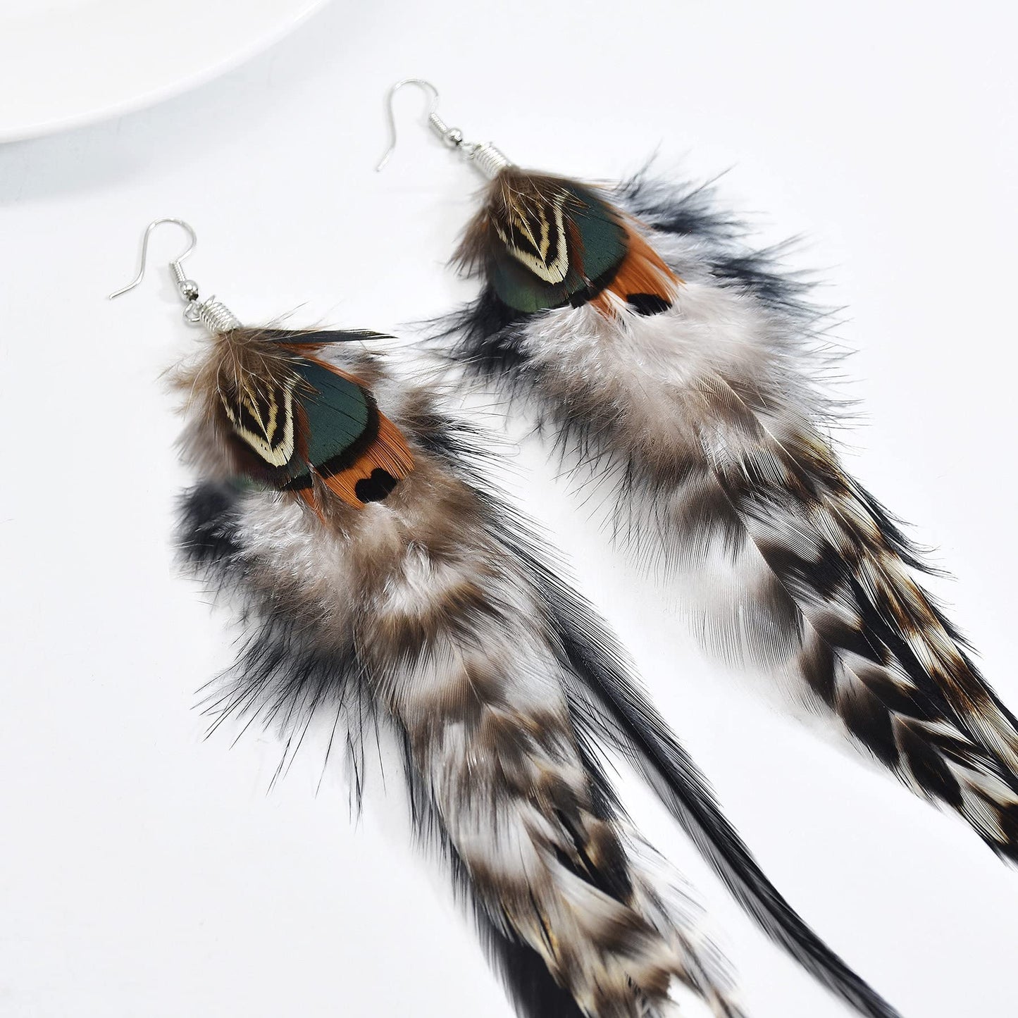 Punk Vintage Long Tassel Feather Beads Drop Wolf Tooth Pendant Earring Fish Hook Earrings Brown A