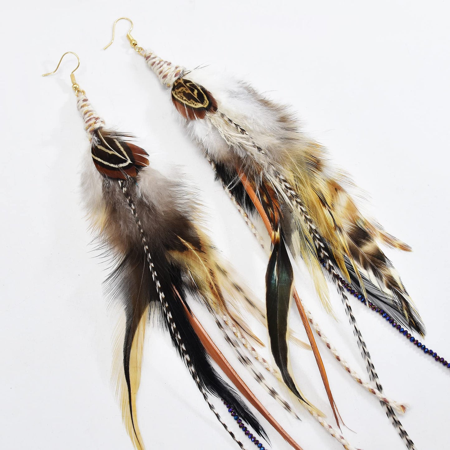 Punk Vintage Long Tassel Feather Beads Drop Wolf Tooth Pendant Earring Fish Hook Earrings Brown A