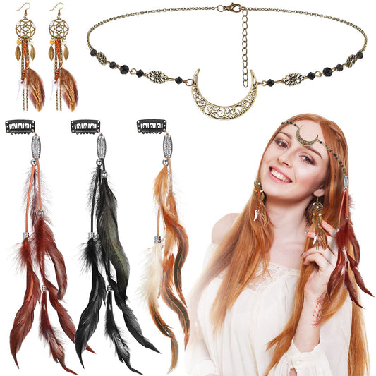 Feather Hair Clips Boho Head Moon Chain Crystal Vintage Forehead Jewelry 5 Pack