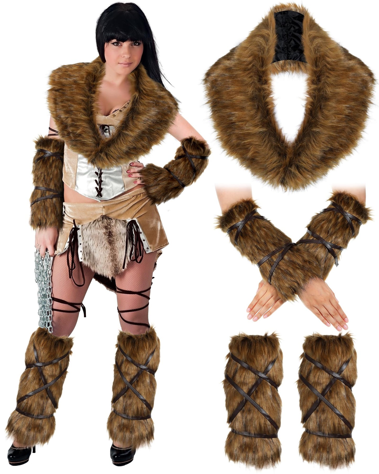 Xtinmee 5 Pieces Halloween Viking Costume, Viking Fur, Viking Faux Fur Collar, Fur Leg Warmer, Fur Hand Warmers, Viking Fur Classic Style