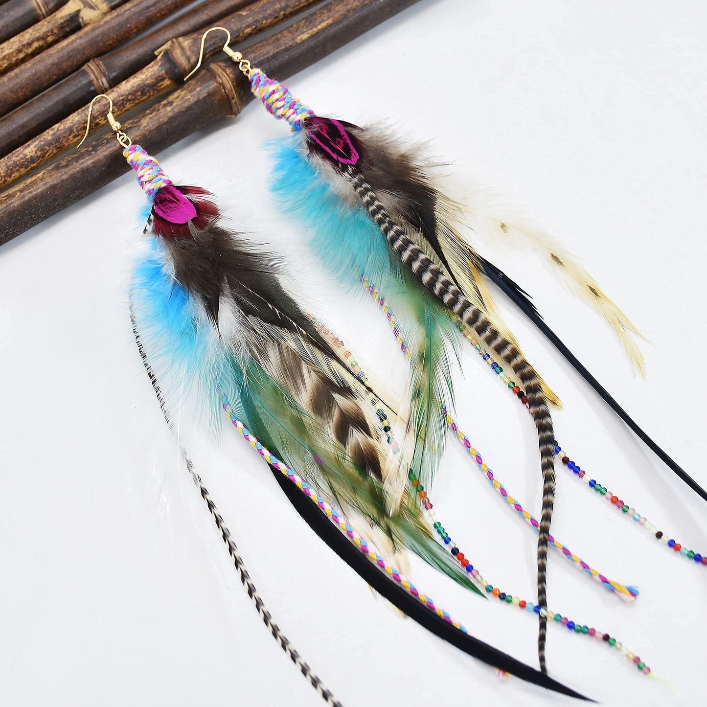 Punk Vintage Long Tassel Feather Beads Drop Wolf Tooth Pendant Earring Fish Hook Earrings Brown A