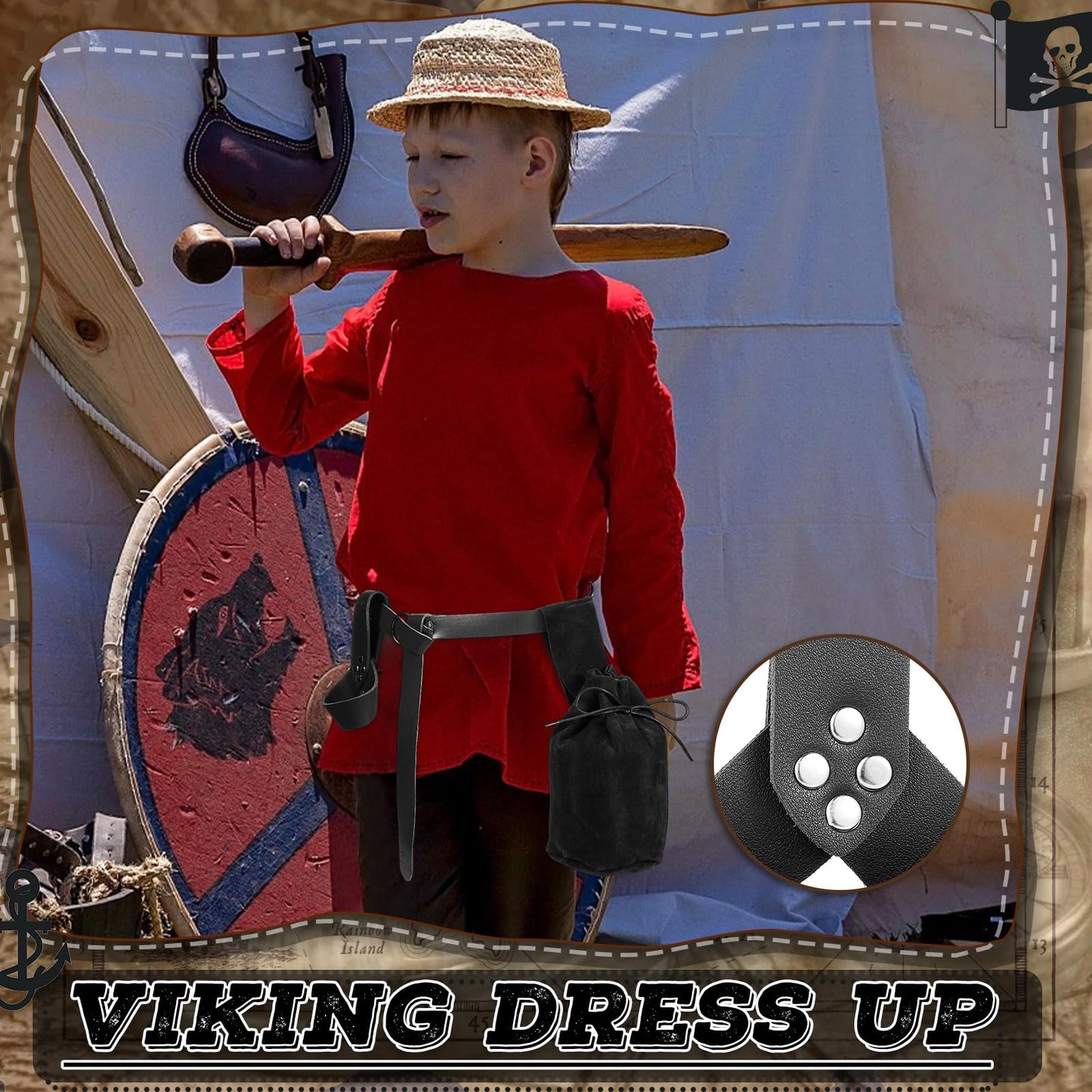 Sanwuta 3 Pcs Kids Viking Costume O Ring Medieval Viking Belt Renaissance Waist Bag Medieval Sword Holder for Halloween Brown Cool