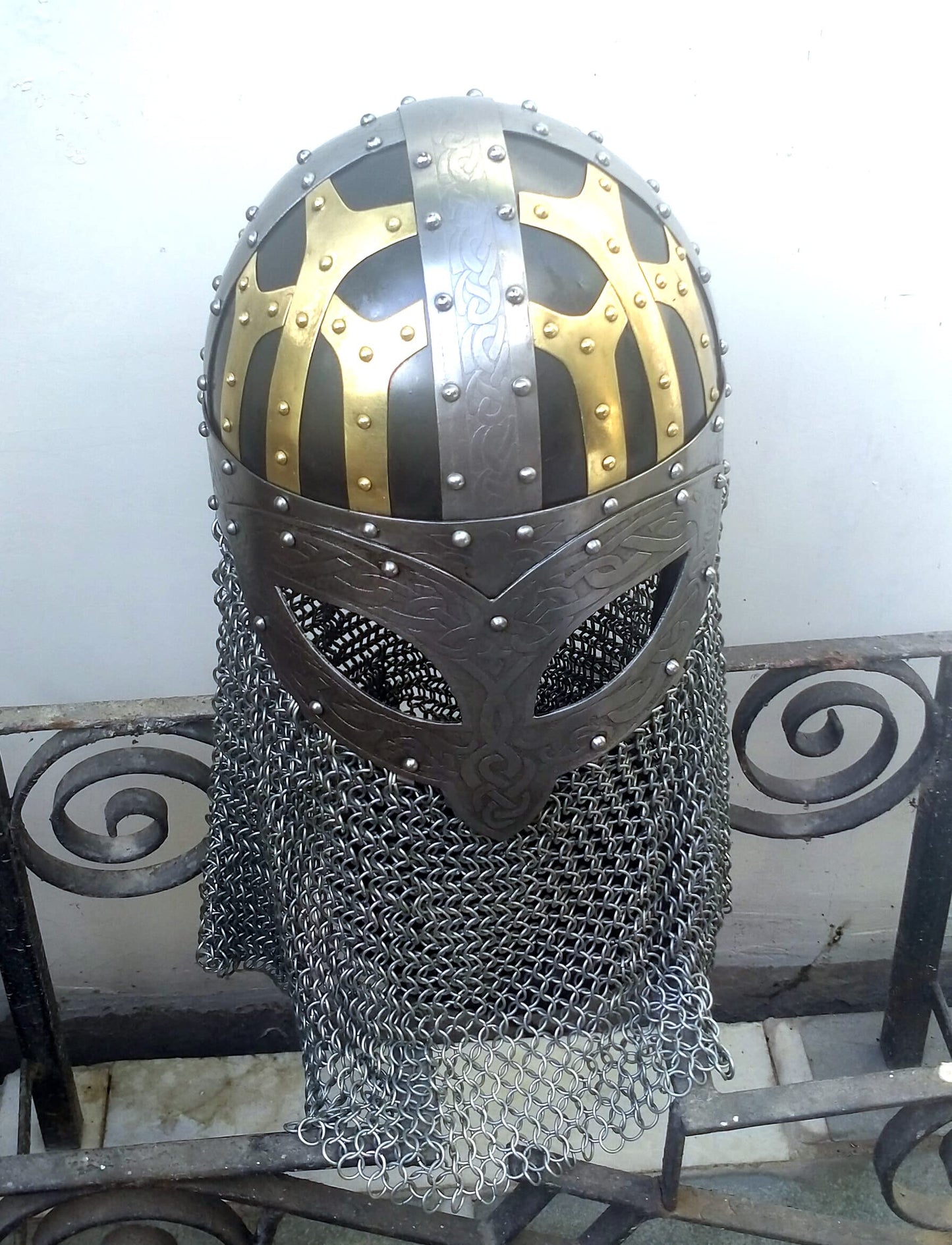 Viking Helmet Solid Steel and Brass Helmet