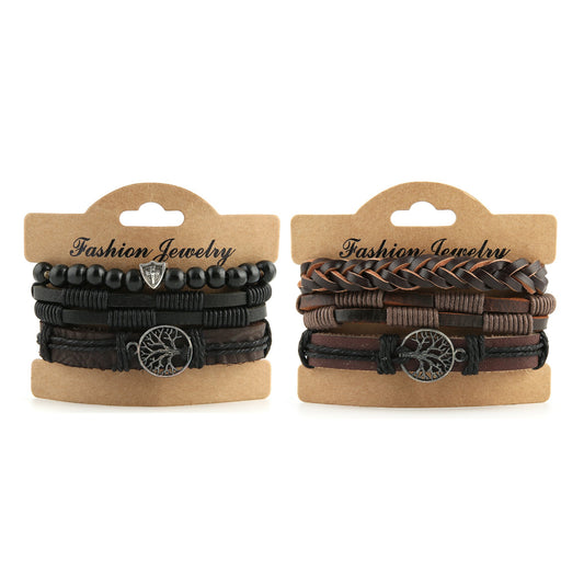 HZMAN Genuine Leather Tree of life Bracelets Men Women, Tiger Eye Natural Stone Lava Rock Beads Ethnic Tribal Elastic Bracelets Wristbands Classic Set