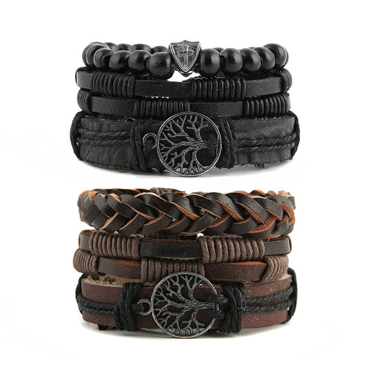 HZMAN Genuine Leather Tree of life Bracelets Men Women, Tiger Eye Natural Stone Lava Rock Beads Ethnic Tribal Elastic Bracelets Wristbands Classic Set