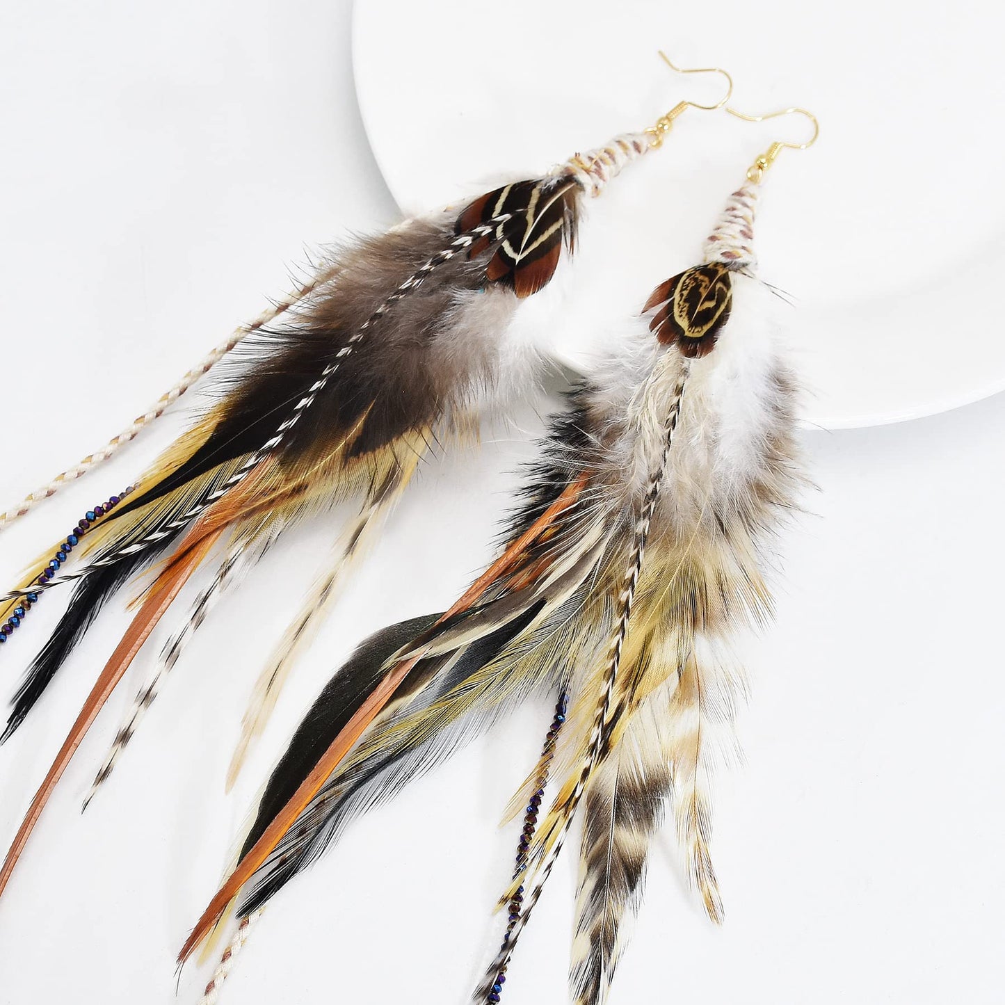 Punk Vintage Long Tassel Feather Beads Drop Wolf Tooth Pendant Earring Fish Hook Earrings Brown A