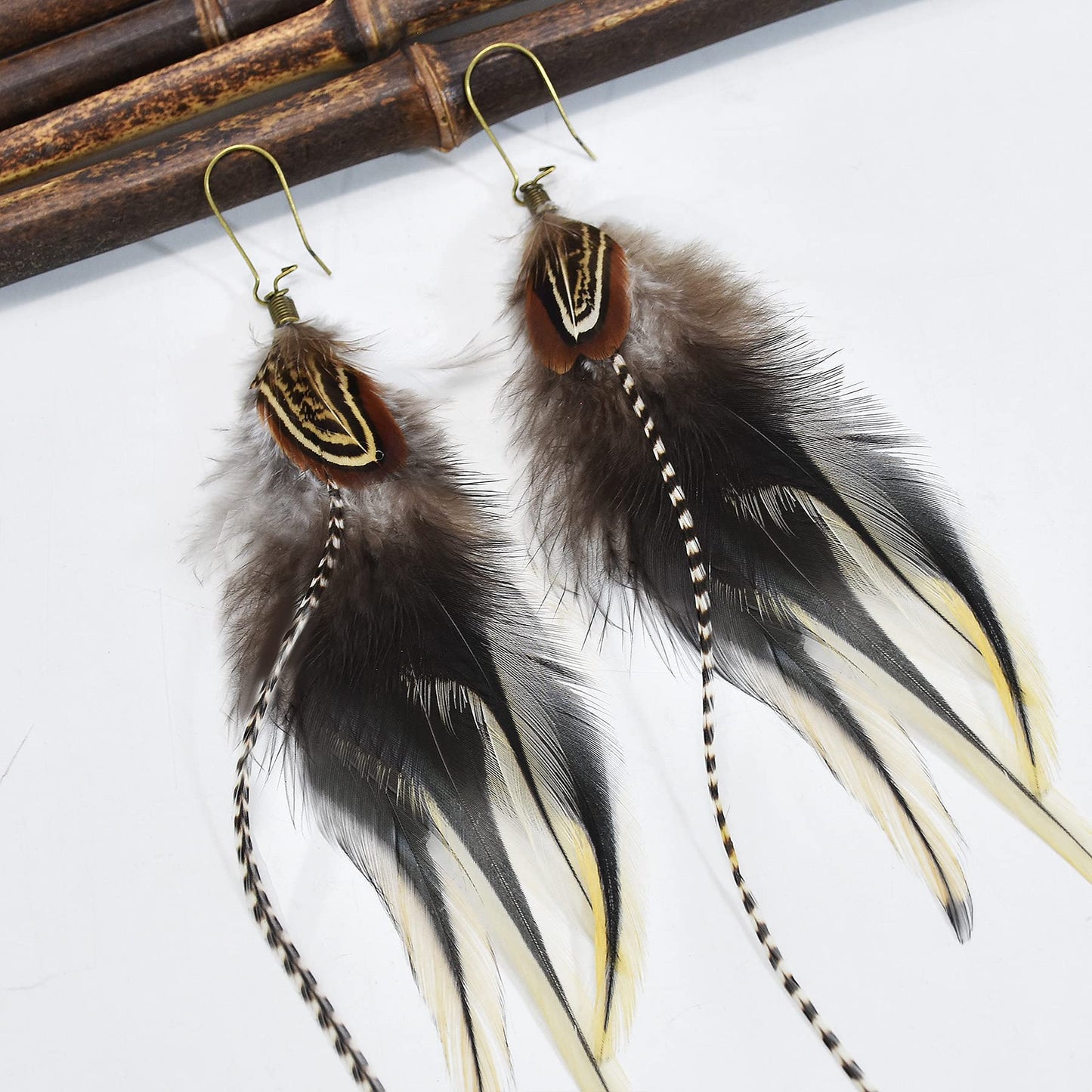 Punk Vintage Long Tassel Feather Beads Drop Wolf Tooth Pendant Earring Fish Hook Earrings Brown A