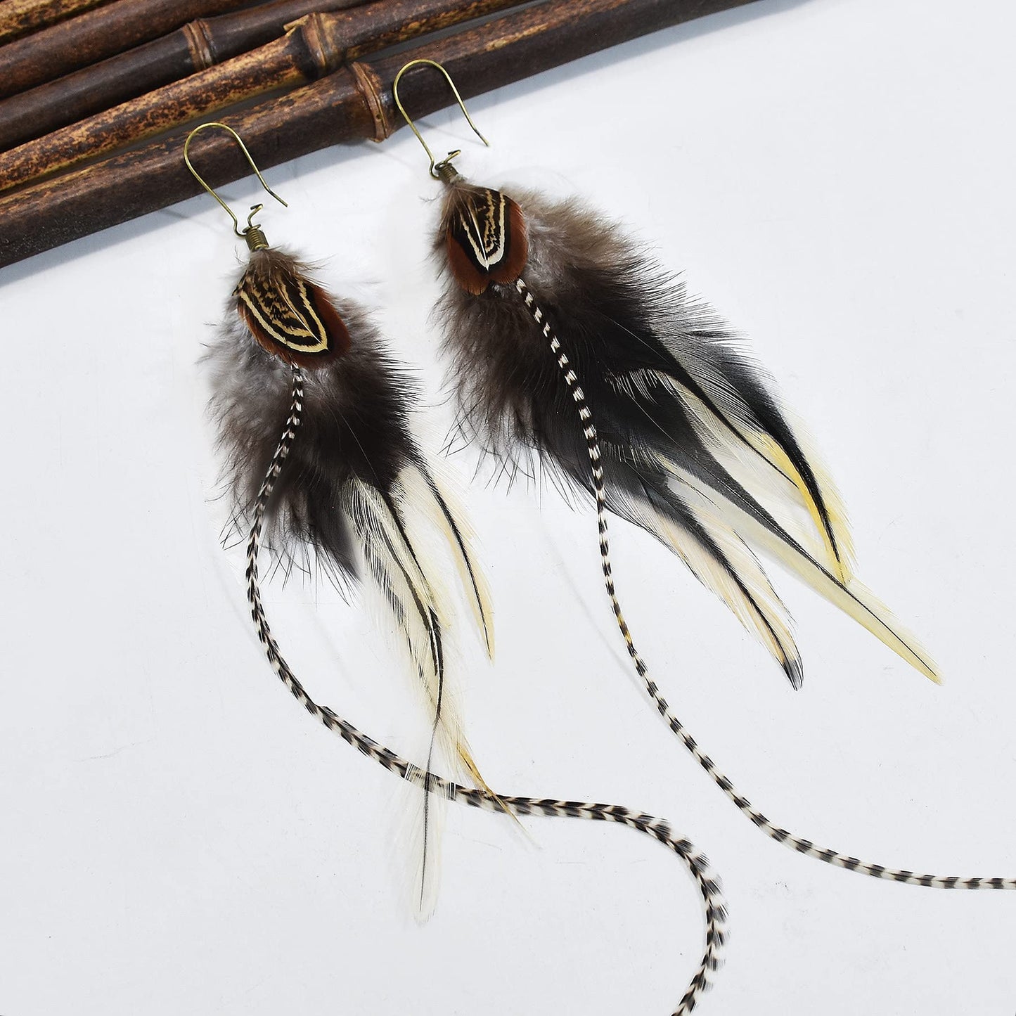 Punk Vintage Long Tassel Feather Beads Drop Wolf Tooth Pendant Earring Fish Hook Earrings Brown A