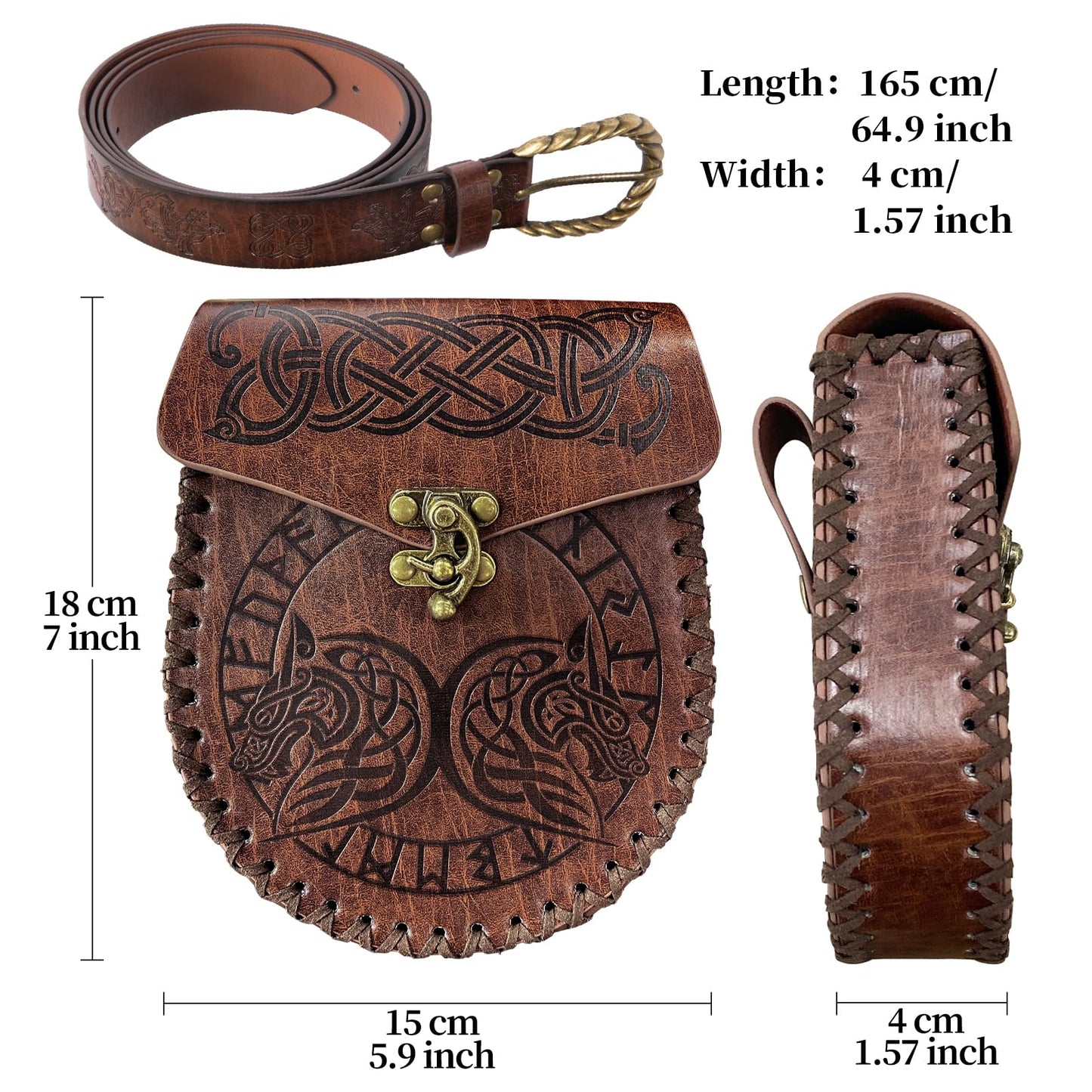 Medieval Viking Embossed O Ring Belt with Nordic Embossed Belt Bag