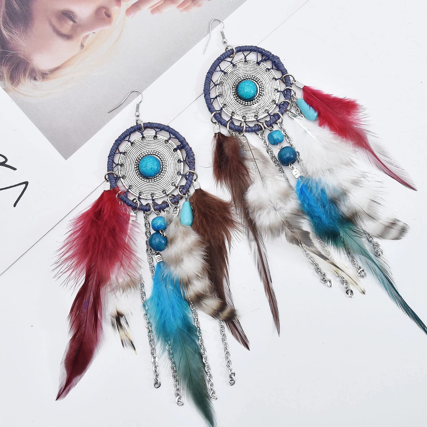 Punk Vintage Long Tassel Feather Beads Drop Wolf Tooth Pendant Earring Fish Hook Earrings Brown A