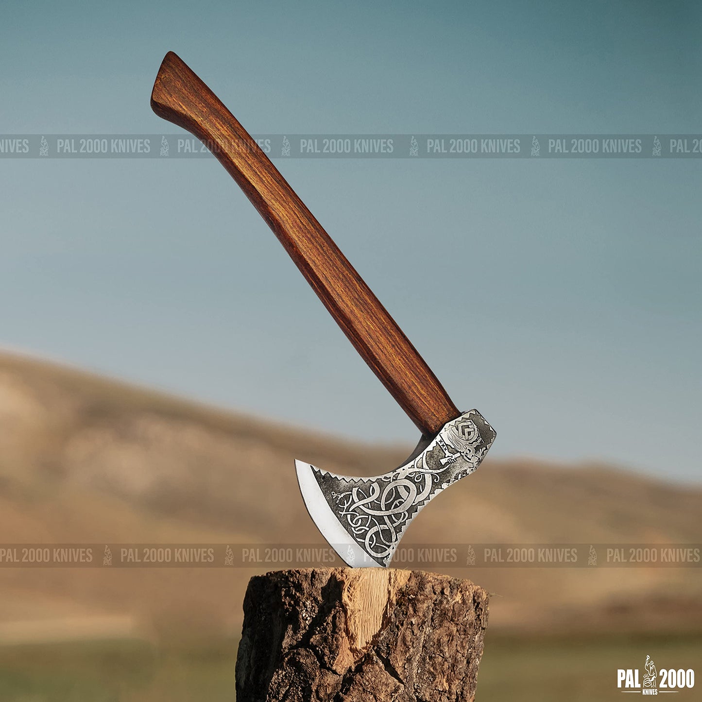 Knotwork Etched Throwing Axe with Wood Handle