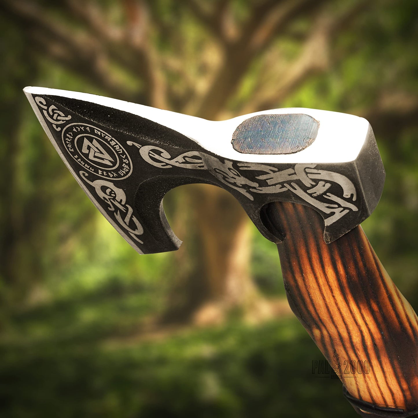 Knotwork Etched Throwing Axe with Wood Handle