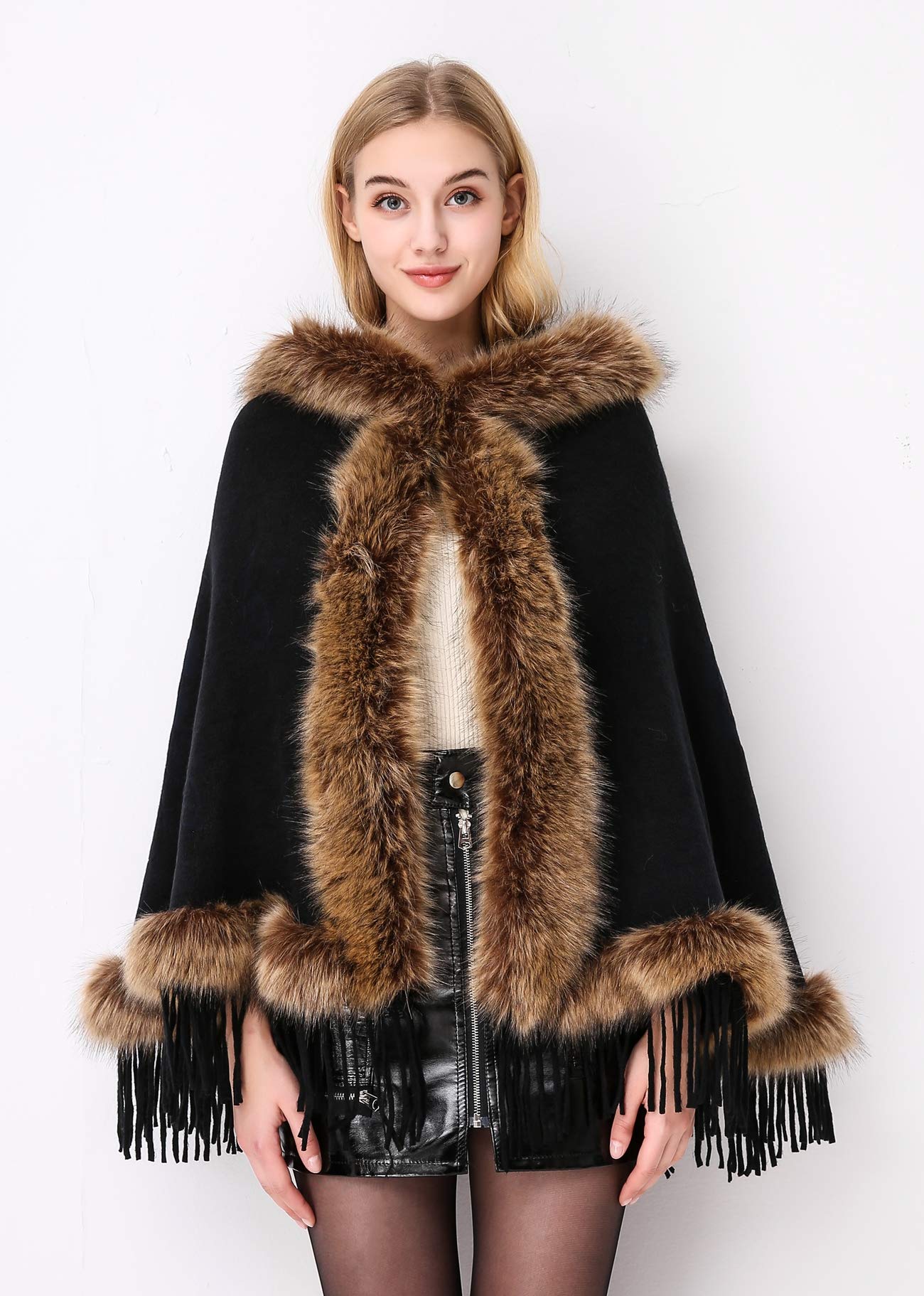 Faux Fur Shawl Wrap Stole Capelet Bridal Winter Wedding with Hook Hooded-black