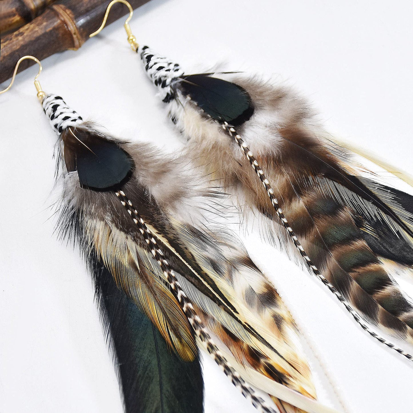 Punk Vintage Long Tassel Feather Beads Drop Wolf Tooth Pendant Earring Fish Hook Earrings Brown A