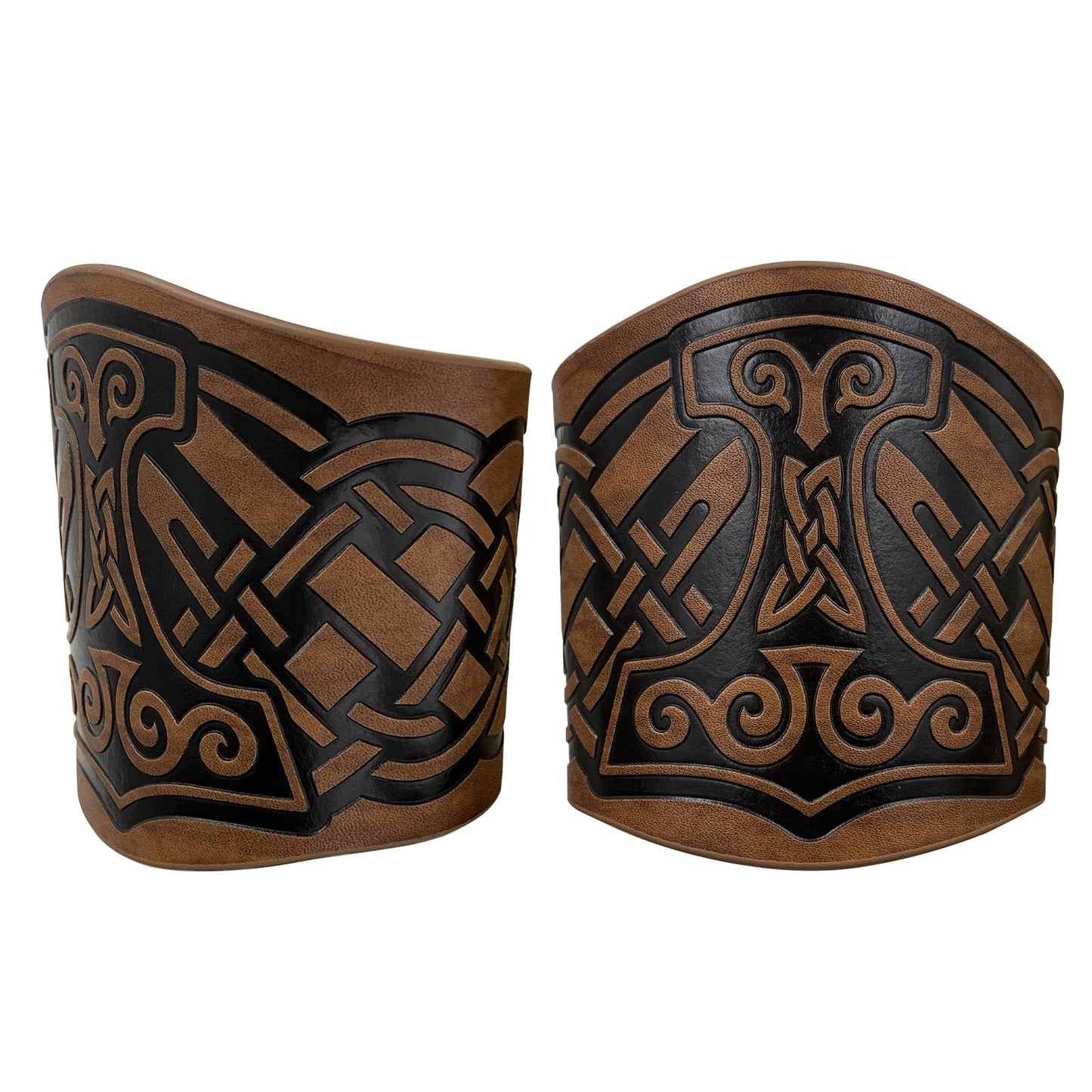 HiiFeuer 2 PCs Viking Embossed Faux Leather Cuff Bracelet, Norse Retro Wristband, Nordic Mjolnir Vegvisir Pattern Cuff Bangle Bracelet Brown A