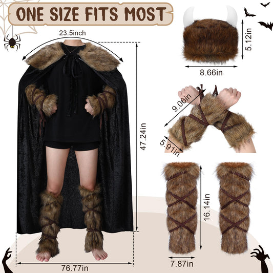 Jeyiour Women Viking Costumes Halloween Viking Warrior Costume Viking Costume with Faux Fur Collar Cape Hat Set for Women Halloween Cosplay Outfits