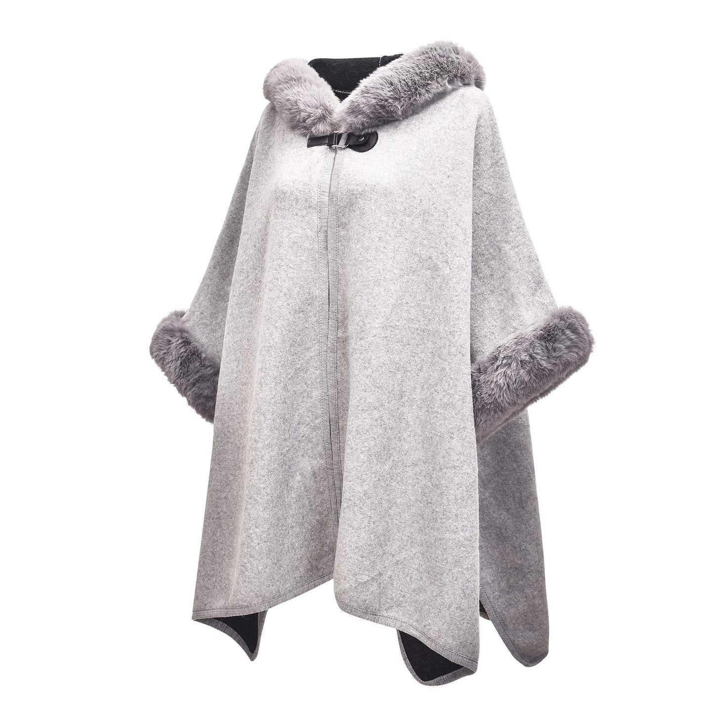 Women Winter Fashion Faux Fur Trim Layers Hooded Cardigan Warm Cape Sweater Cloak Navy