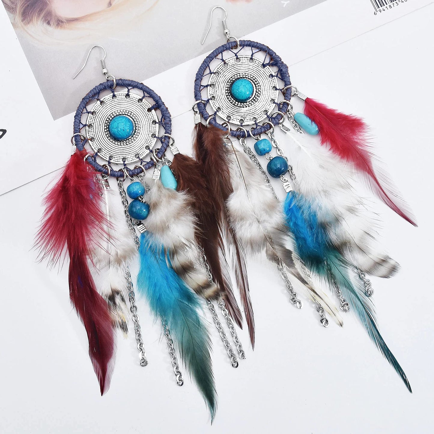 Punk Vintage Long Tassel Feather Beads Drop Wolf Tooth Pendant Earring Fish Hook Earrings Brown A