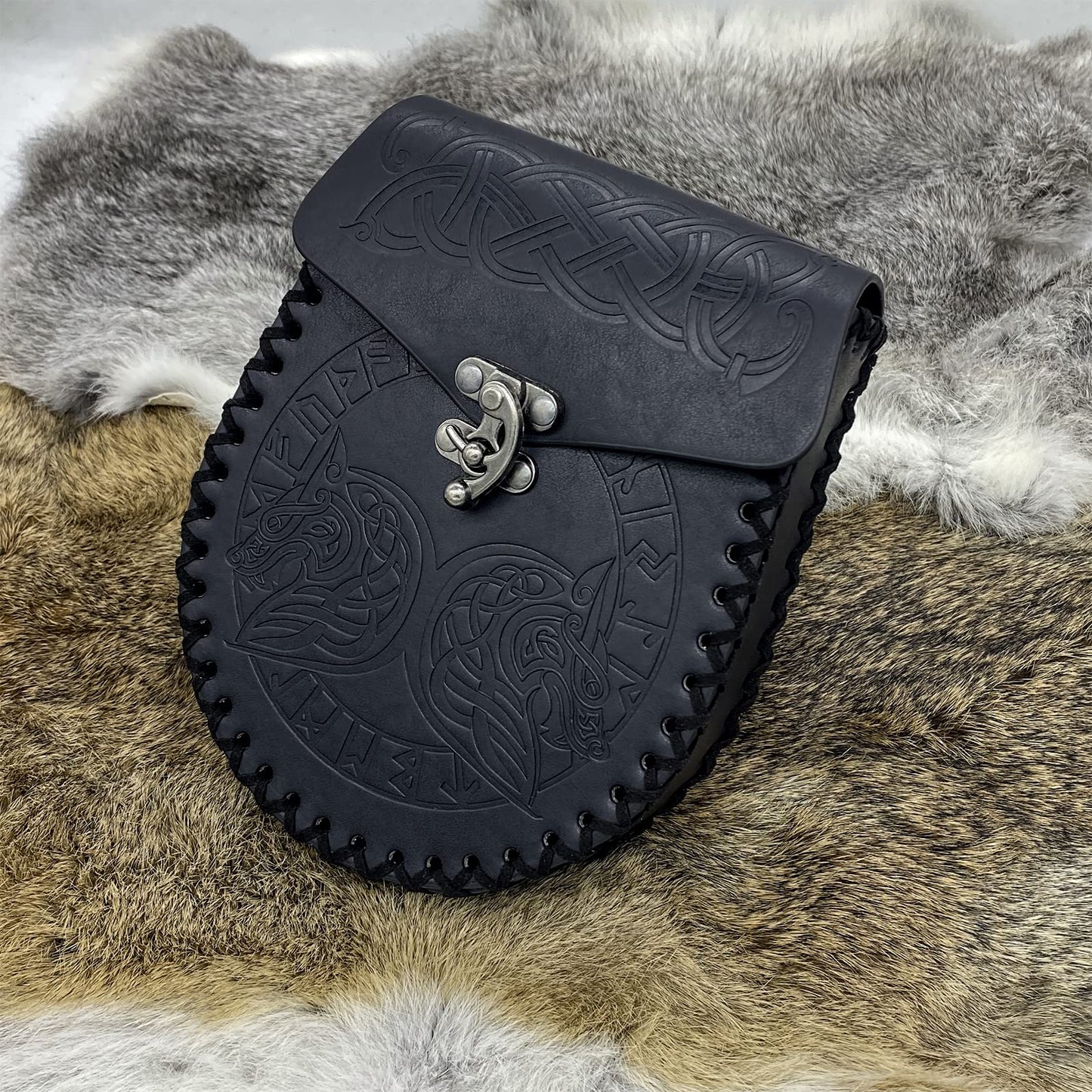 Medieval Viking Embossed O Ring Belt with Nordic Embossed Belt Bag