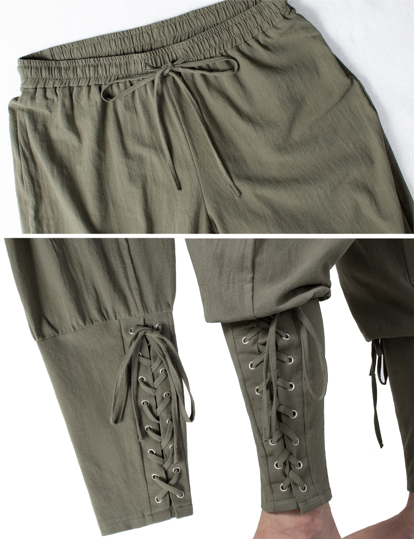 Men's Medieval Ankle Pants - Viking Pirate Renaissance Costume Trousers with Drawstrings & Banded Cuffs 28,29 Army Green