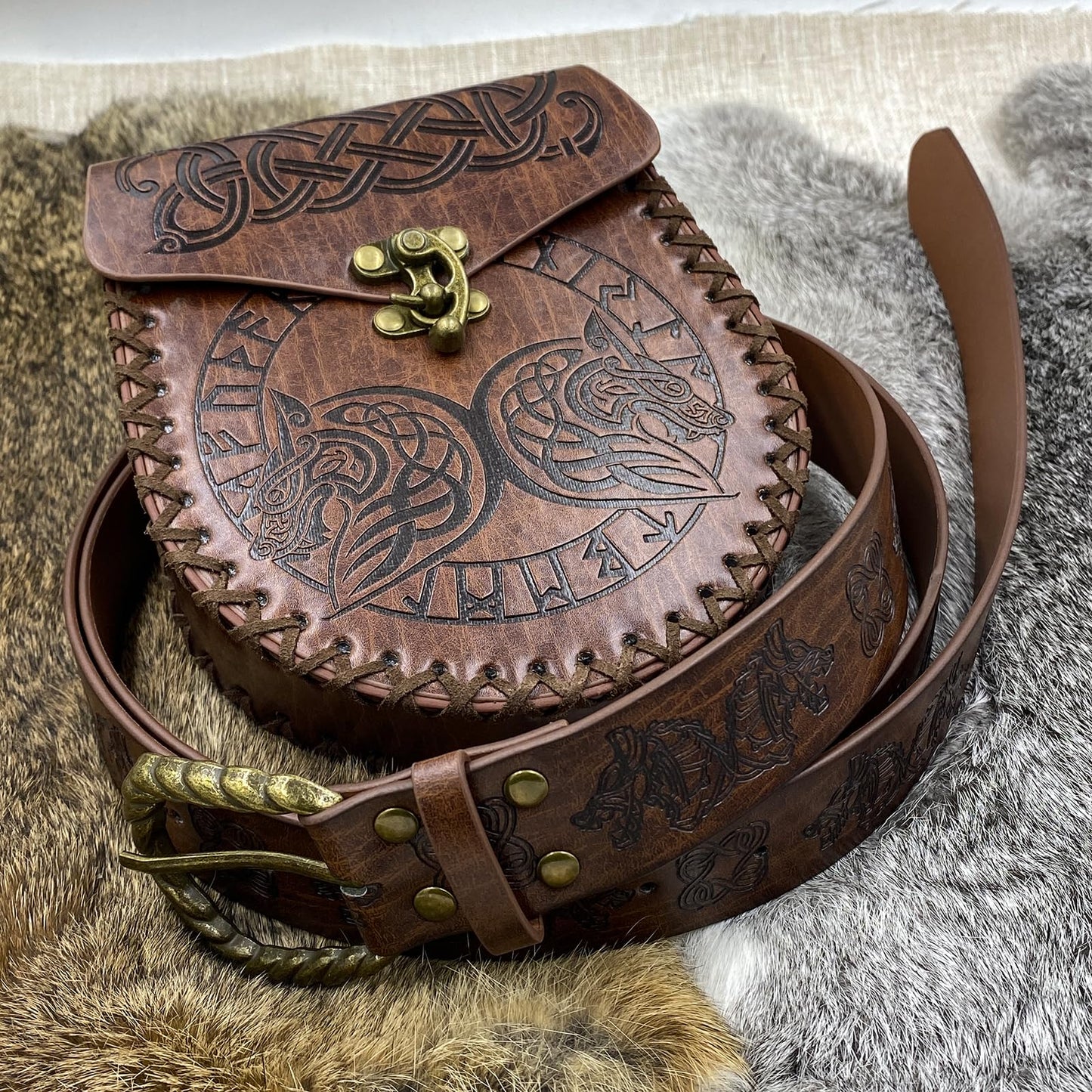 Medieval Viking Embossed O Ring Belt with Nordic Embossed Belt Bag
