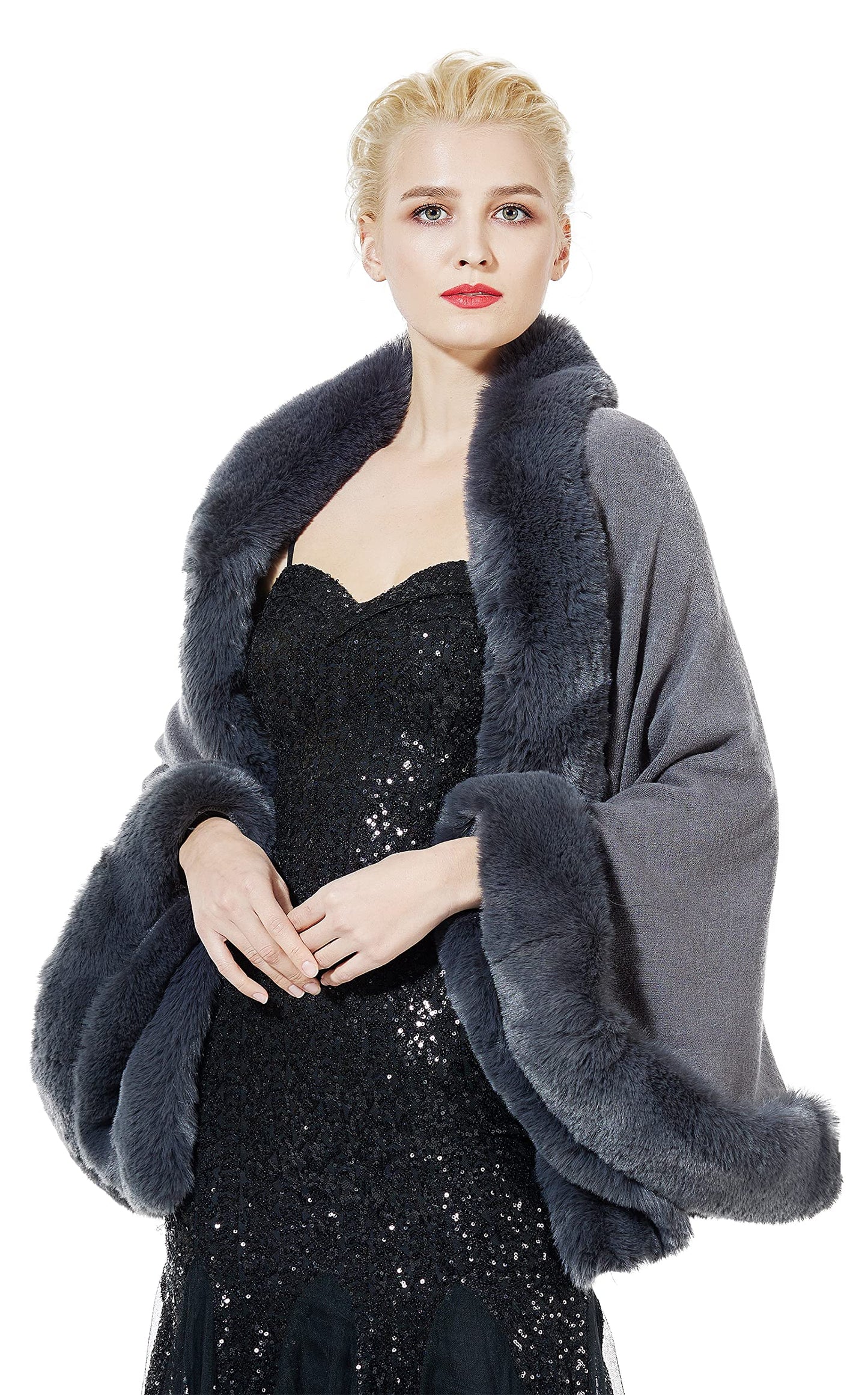 Faux Fur Shawl Wrap Stole Capelet Bridal Winter Wedding with Hook Hooded-black