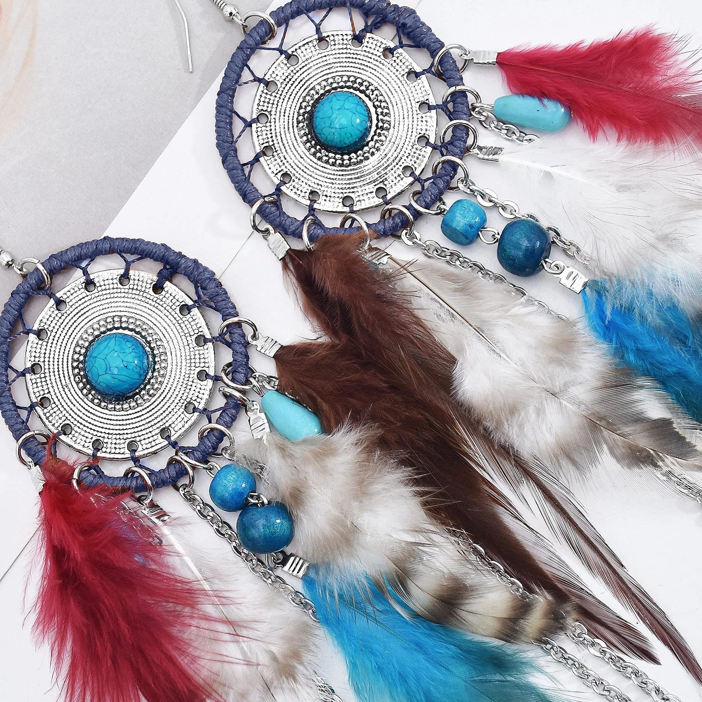 Punk Vintage Long Tassel Feather Beads Drop Wolf Tooth Pendant Earring Fish Hook Earrings Brown A