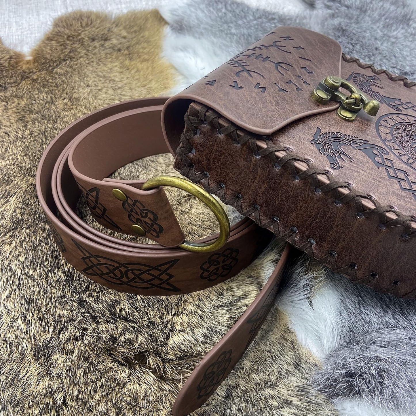 Medieval Viking Embossed O Ring Belt with Nordic Embossed Belt Bag