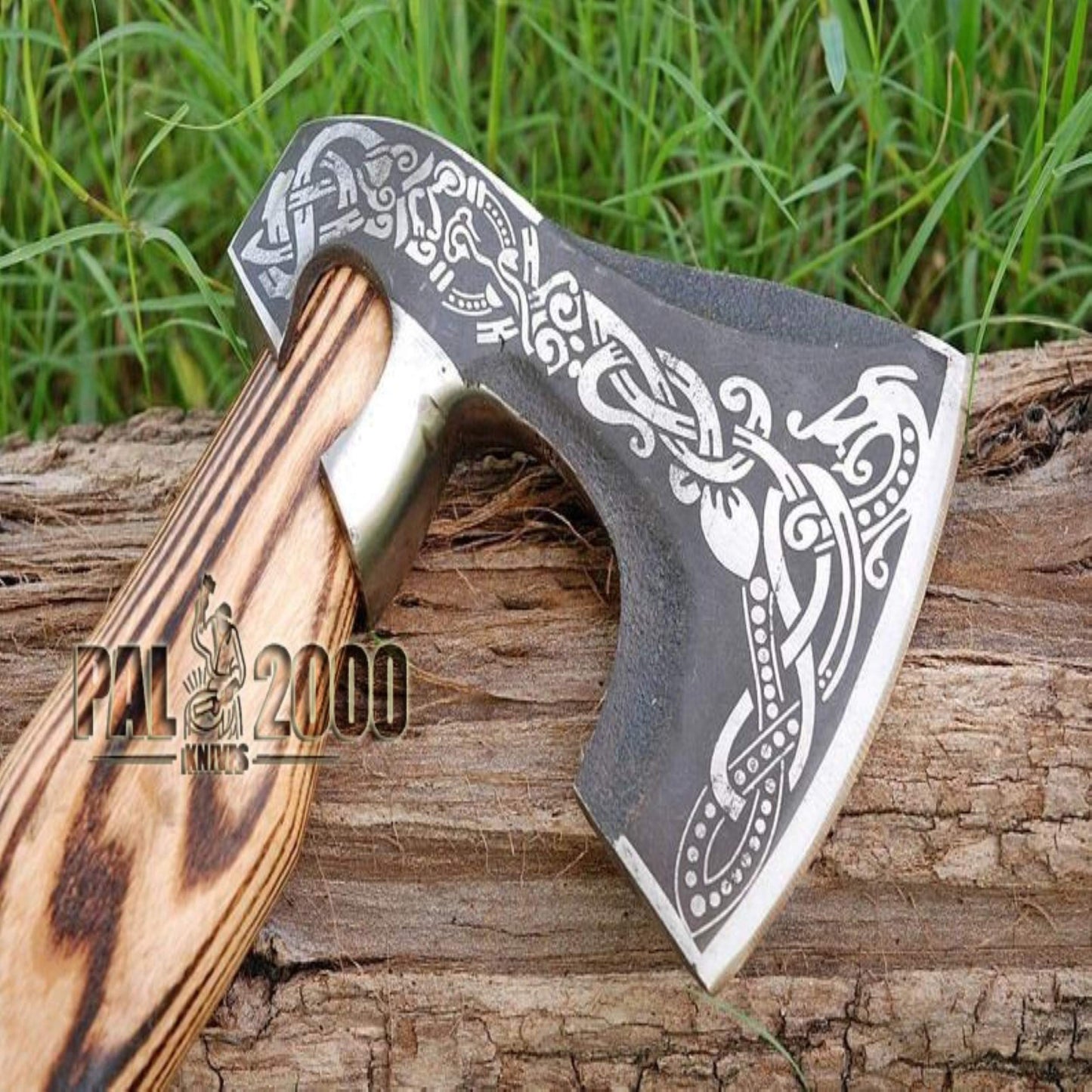 Knotwork Etched Throwing Axe with Wood Handle