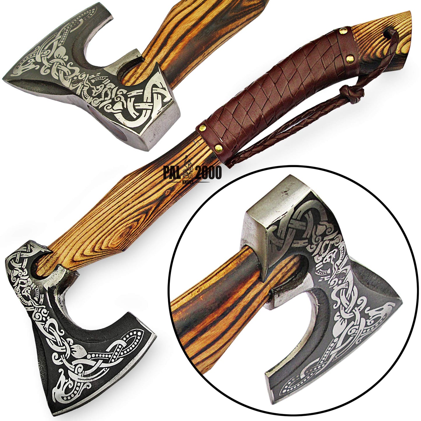 Knotwork Etched Throwing Axe with Wood Handle