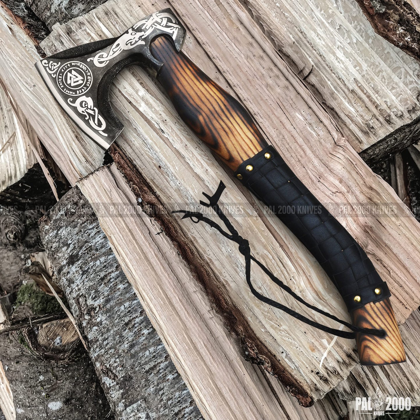 Knotwork Etched Throwing Axe with Wood Handle