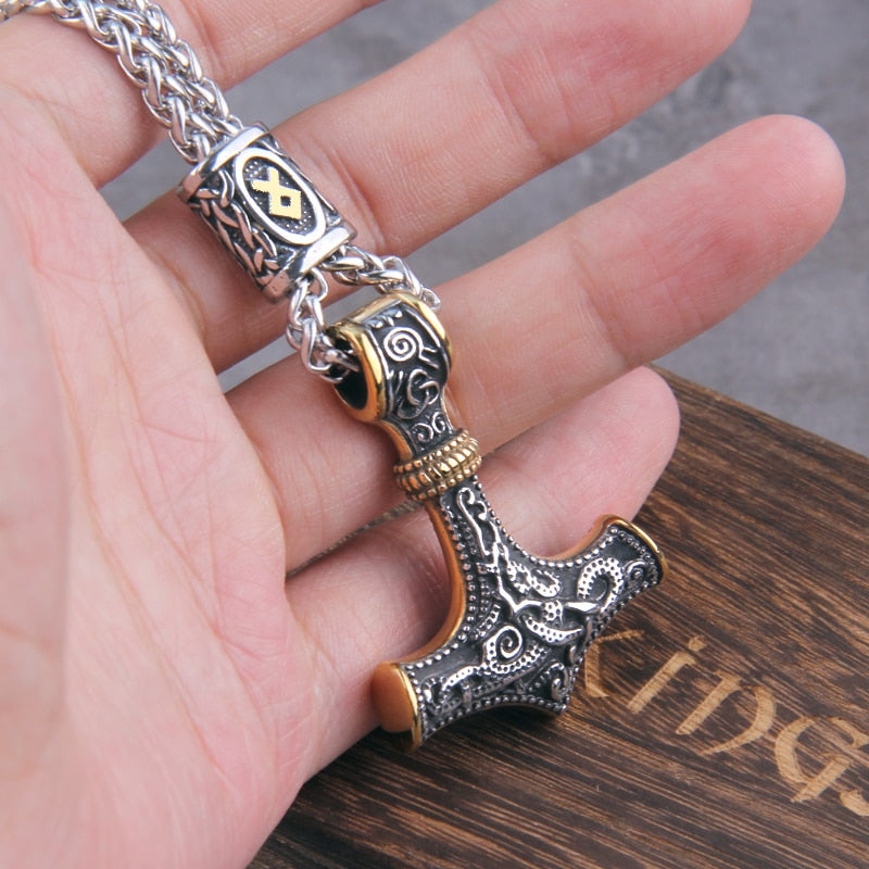 Mjolnir Gold and Steel Necklace