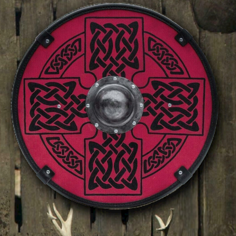 Smooth Red Medieval Shield with Celtic Sun Cross, 24"